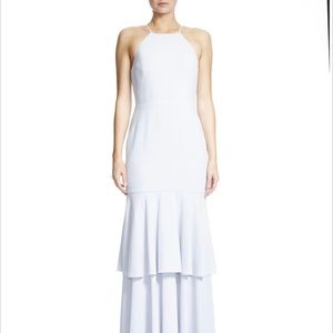 Halston Heritage Sleeveless High Neck Mesh Back Tier Gown